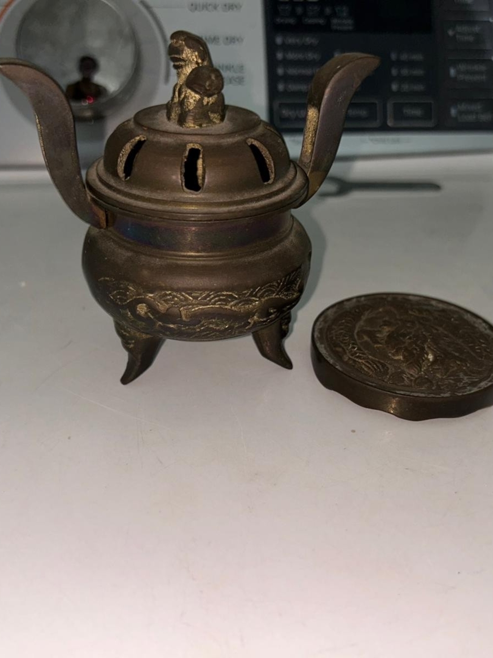 vintage Asian tripod incense burner (censer) with a Foo Dog finial on the lid